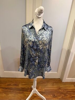 Chico's Blue Paisley Silk-Feel Button Down Shirt